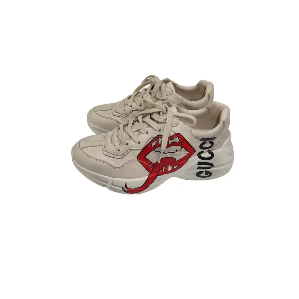 Gucci Rhyton Ivory Leather Mouth Print Lace-Up Sneakers Men's Size 5.5 US 6.5